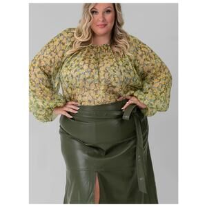 Tanya Taylor Elaine Top Silk Linen Sheer Green Floral Balloon Sleeve Sz 2X